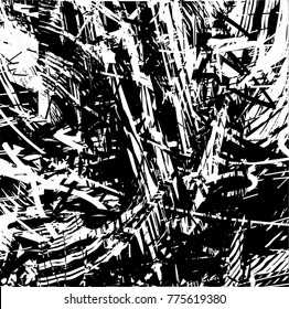 Print distressed background in black and white texture with  dark spots, scratches and lines. Abstract vector illustration