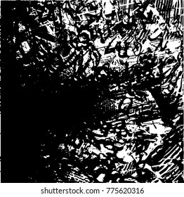 Print distressed background in black and white texture with  dark spots, scratches and lines. Abstract vector illustration