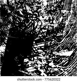 Print distressed background in black and white texture with  dark spots, scratches and lines. Abstract vector illustration