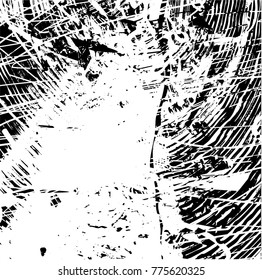 Print distressed background in black and white texture with  dark spots, scratches and lines. Abstract vector illustration