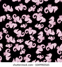 Print. Doodles black, white and pink on colors. Fashionable fabric pattern. Vector.