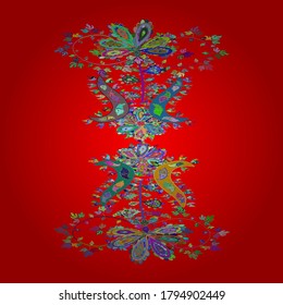 Print. Doodles blue, green and red on colors. Fashionable fabric pattern. Design wrapping and gift paper, greeting cards, banner and posters design. Vector.