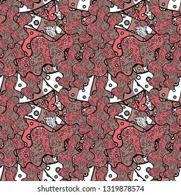 Print. Doodles pink, neutral and black on colors. Vector. Fashionable fabric pattern.
