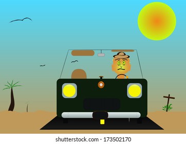 Print Driving through the scorching desert/Man in four-wheel drive type car on isolated road under hot sun with vultures trailing him, palm trees & highway memorial behind