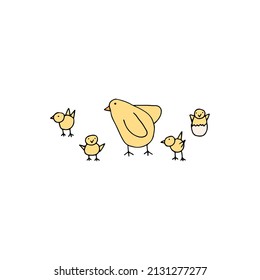 print for easter, chick and small chickens, vector illustration