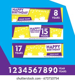 Print and Editable Geometric Happy Birthday Banner. Abstract Yellow, Purple, and White banner set on Blue Background