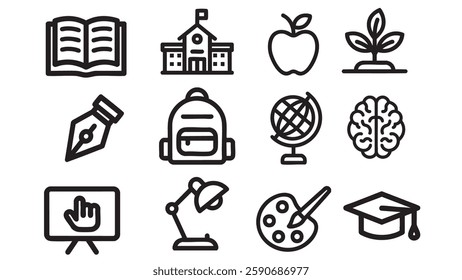 Print Education school icons set. Open book school building, apple and plant equipment staff. Learning knowledge creativity graduation concept. Flat black minimalistic design vector illustration.