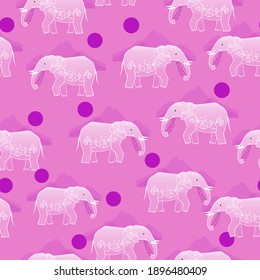 Print with elephants on a pink background. Seamless pattern for fabric in boho style.