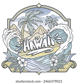 Print or emblem illustration featuring majestic waves, palm trees, and a surfboard, capturing the spirit of tropical beach landscapes and the essence of coastal nature.