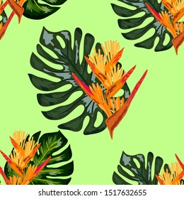 Print exotic tropic plants and palm trees, banana leaf with lobster claws flower, strelitzia. Seamless wallpaper pattern summer jungle art in trendy style