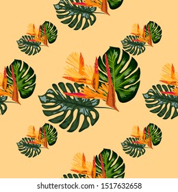 Print exotic tropic plants and palm trees, banana leaf with lobster claws flower, strelitzia. Seamless wallpaper pattern summer jungle art in trendy style