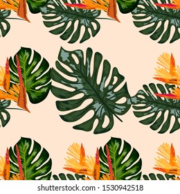 Print exotic tropic plants and palm trees, banana leaf with lobster claws flower, strelitzia. Seamless wallpaper pattern summer jungle art in trendy style