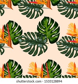 Print exotic tropic plants and palm trees, banana leaf with lobster claws flower, strelitzia. Seamless wallpaper pattern summer jungle art in trendy style