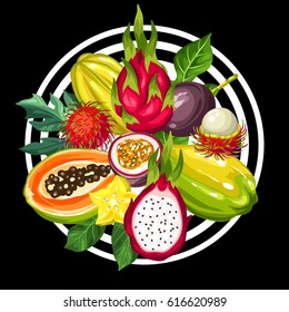 Print with exotic tropical fruits. Illustration of asian plants.