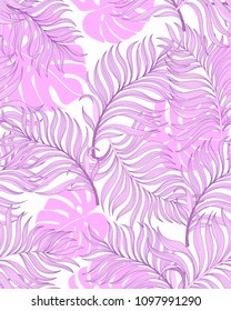 Print	
Exotic tropical vector background with hawaiian plants and flowers. Seamless jungle print.