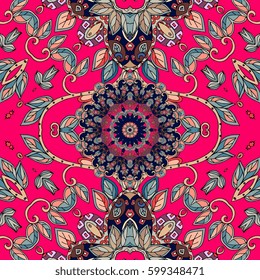 Print for fabric. Bright natural pattern with green leaves and beautiful flower mandala on crimson background. Greeting card.