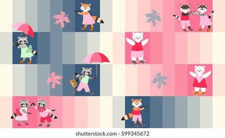 Print for fabric with cute pet and woodland animals on colorful striped background. Vector image. Autumn motives. Roller skating.