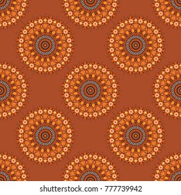 Print for fabric. Ethnic bohemian background in black, magenta and orange colors. Vector illustration. Indian, Arabic, Islamic, Japanese motifs. Wrapping and scrapbook paper. Mandala seamless pattern.
