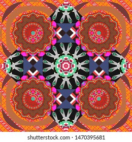 Print for fabric and paper. Cute vector background. Seamless pattern with mandalas in red, brown and black colors.