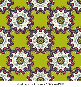 Print for fabric and paper. Seamless pattern with mandalas in gray, beige and orange colors. Cute vector background.