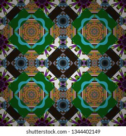 Print for fabric and paper. Seamless pattern with mandalas in green, blue and brown colors. Cute vector background.