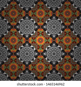 Print for fabric and paper. Seamless pattern with mandalas in blue, gray and orange colors. Cute vector background.