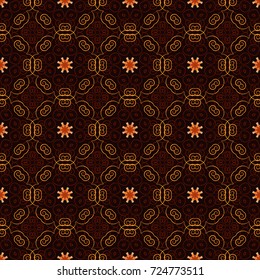 Print for fabric and paper. Seamless pattern with mandalas in orange, black and red colors. Cute vector background.