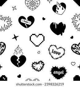 Print fabric seamless patern with gothic hearts in 2000s style. Y2k Emo goth tattoo flamed hearts on white background. Chain heart and barbed wire heart vector seamless pattern for textile design