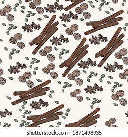 print for fabric, spices seamless pattern. cardamom, nutmeg, cinnamon. print for packaging, design of fabric, kitchen towels. brown background. vector eps 10. Indian spices. mulled wine. vector eps 10