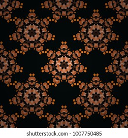 Print for fabric or textile. Wrapping and scrapbook paper. Black, orange and white abstract seamless pattern, Indian ornament. Vector floral mandala.
