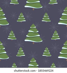 Print for fabric, wrapping paper or wallpaper. New Year celebration. Vector Christmas template. Vector Christmas tree seamless pattern. Winter forest, pine trees and snowflakes