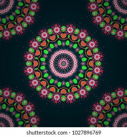 Print for fabric. Wrapping and scrapbook paper. Ethnic bohemian background in pink, green and blue colors. Indian, Arabic, Islamic, Japanese motifs. Vector illustration. Mandala seamless pattern.