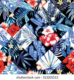 Print fashion tropic jungle seamless vector pattern patchwork in trendy blue style. Red and white flowers hibiscus and plumeria and plant leaf banana palm. Illustration floral poster black background