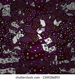 Print. Fashionable fabric pattern. Doodles black, purple and brown on colors. Vector.