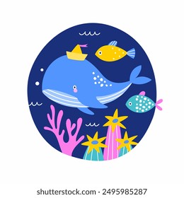 Print featuring a cute whale, colorful fish and seaweed on a blue background. Vector illustration