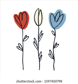 Print for female clothing and accessories. Tulip-like hand drawn flowers isolated on white background