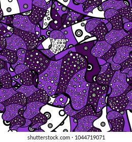 Print. Flat elements. Design. Nice fabric pattern. Vector. Doodles black, violet and purple on colors.