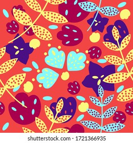 
Print with flowers and herbs. Vector seamless pattern. Illustrations for fabrics and all prints on a red background.