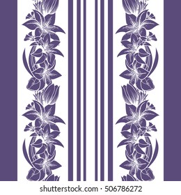 Print with flowers and stripes. Lilies and tulips. Vector seamless border.