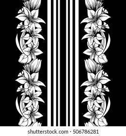 Print with flowers and stripes. Lilies and tulips. Monochrome vector seamless border.