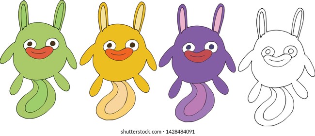 Print fly rabbit tail cartoon doodle color set hand draw monster happy