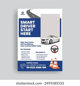 print flyer or poster template for Driving Training school leaflet customizable template with 3d car illustration and 
promotional advertisement for car repair and car washing brochure cover design