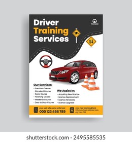 print flyer or poster template for Driving Training school leaflet customizable template with 3d car illustration and 
promotional advertisement for car repair and car washing brochure cover design