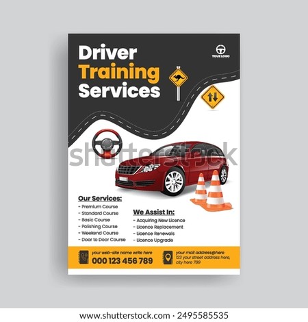 print flyer or poster template for Driving Training school leaflet customizable template with 3d car illustration and 
promotional advertisement for car repair and car washing brochure cover design