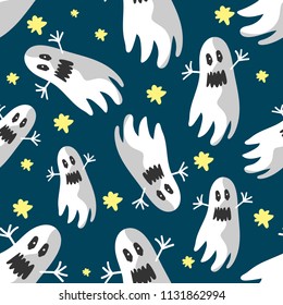 Print with flying ghosts and stars on a dark background. Beautiful vector pattern for holiday day of the dead, Halloween, textiles, background, postcards.