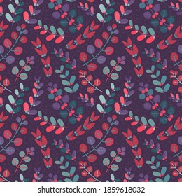Print with forest leaves, berries, sticks. Turquoise, purple, pink colors. Modern dark backdrop. Stylized natural elements. For textile, paper design. Evening or night. Seamless pattern