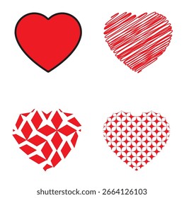 Drucken Sie vier Herzsymbole - massiv, geritzt, geometrisch und kreisförmig - jeweils in Rot mit einzigartigen Texturen. Ideal für verspielte, romantische oder Retro-Design-Themen.
