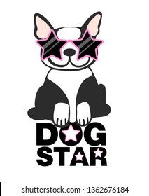 print with french bulldog i n glasses. Dog star print for cards, t-shirt, illustration, textile, fabric, web and other design.