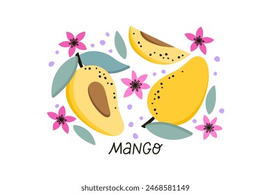 Print with fresh mangoes and flowers. Hand lettering. Vector illustration