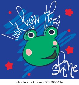 print frog and stars wit text blue background